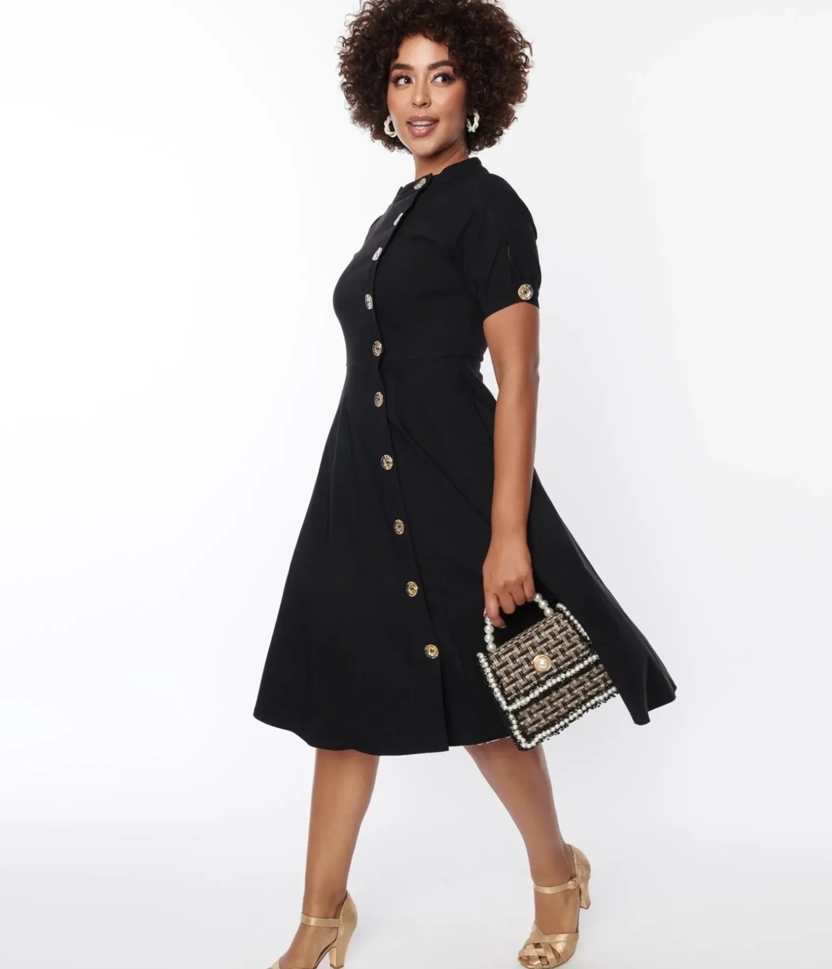 Unique Vintage Swing|Pocket Dresses>Black Button Swing Dress