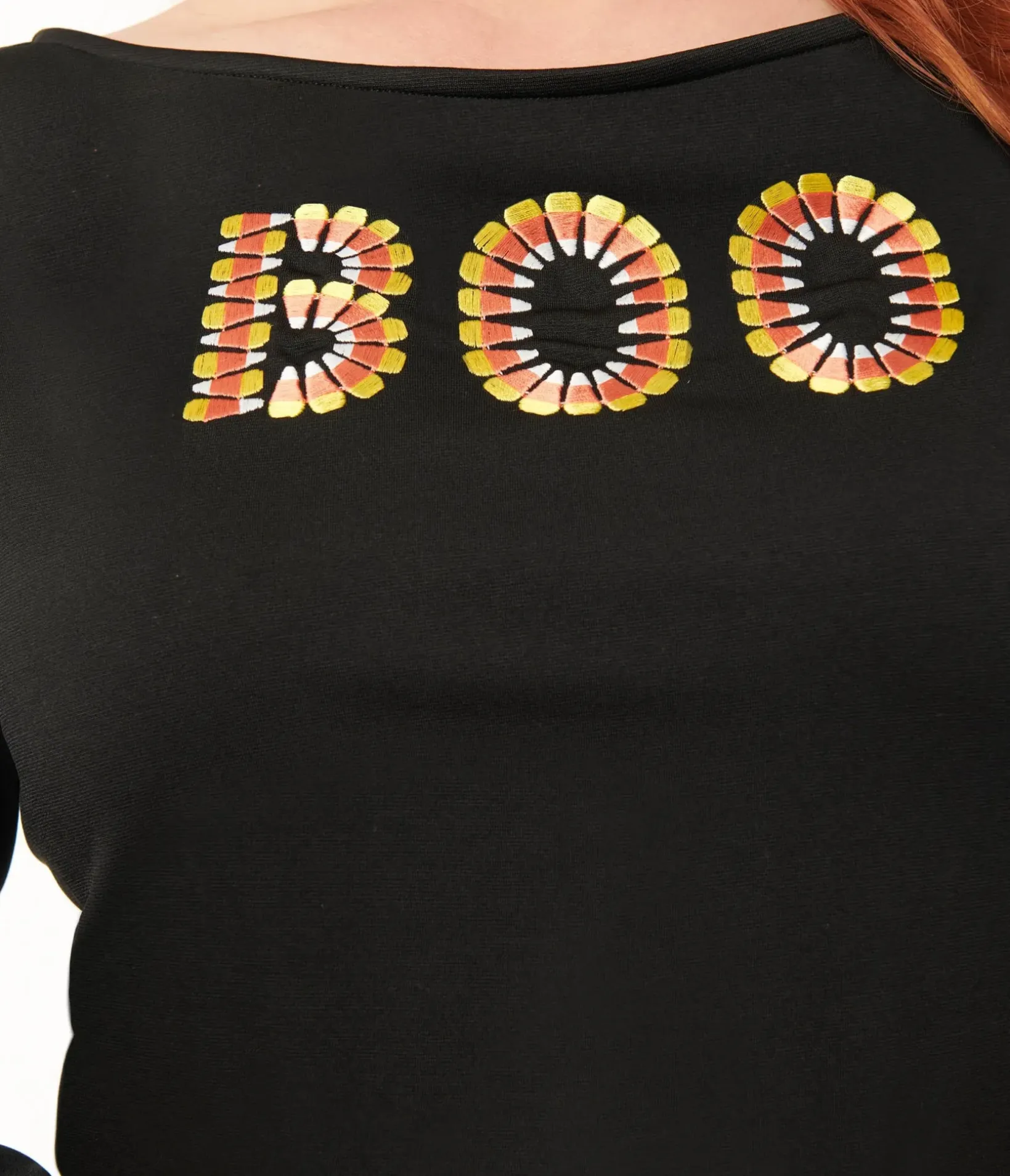 Unique Vintage All Things Black|Halloween>Black Candy Corn Boo Embroidered Gracie Top