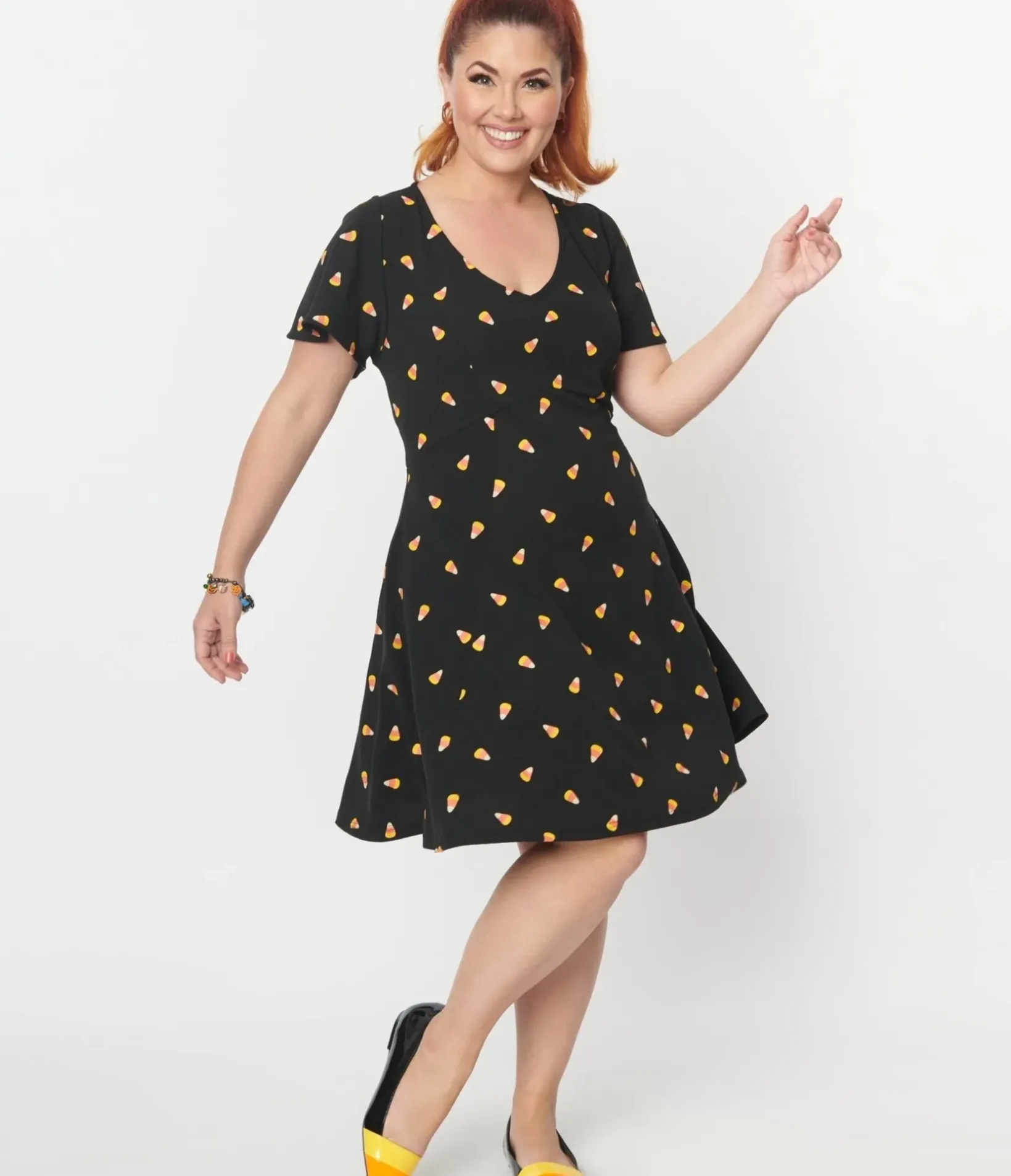 Unique Vintage Fit & Flare|Pocket Dresses>Black Candy Corn Print Poppy Flare Dress