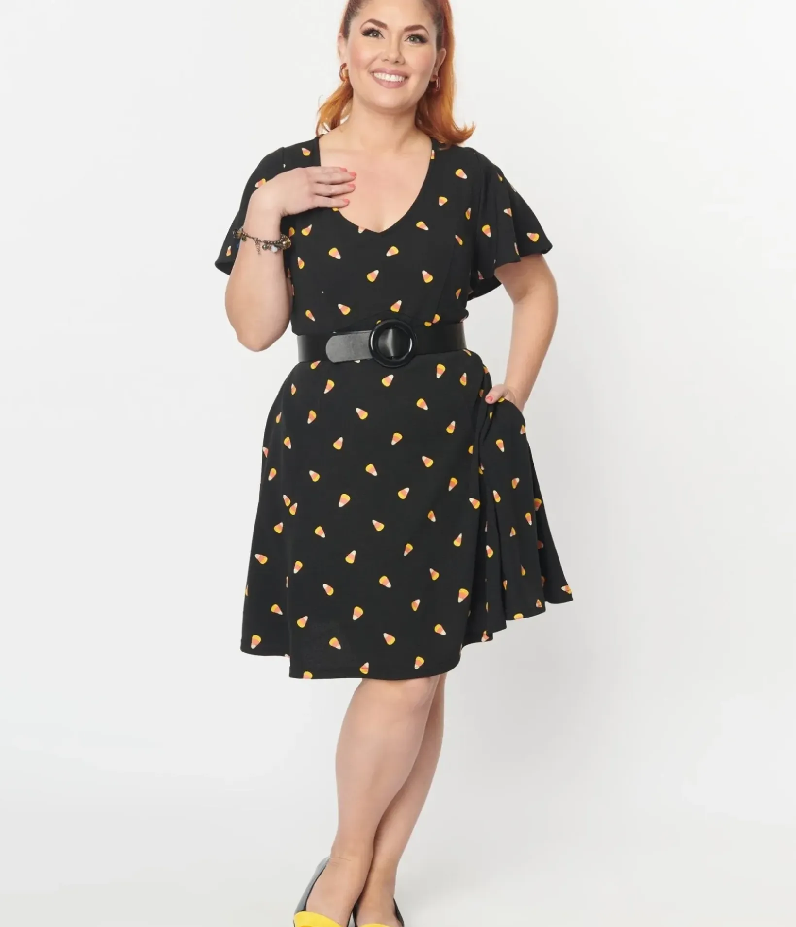 Unique Vintage Fit & Flare|Pocket Dresses>Black Candy Corn Print Poppy Flare Dress
