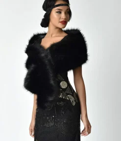 Unique Vintage Special Occasion|Prom Accessories>Black Faux Fur Stole