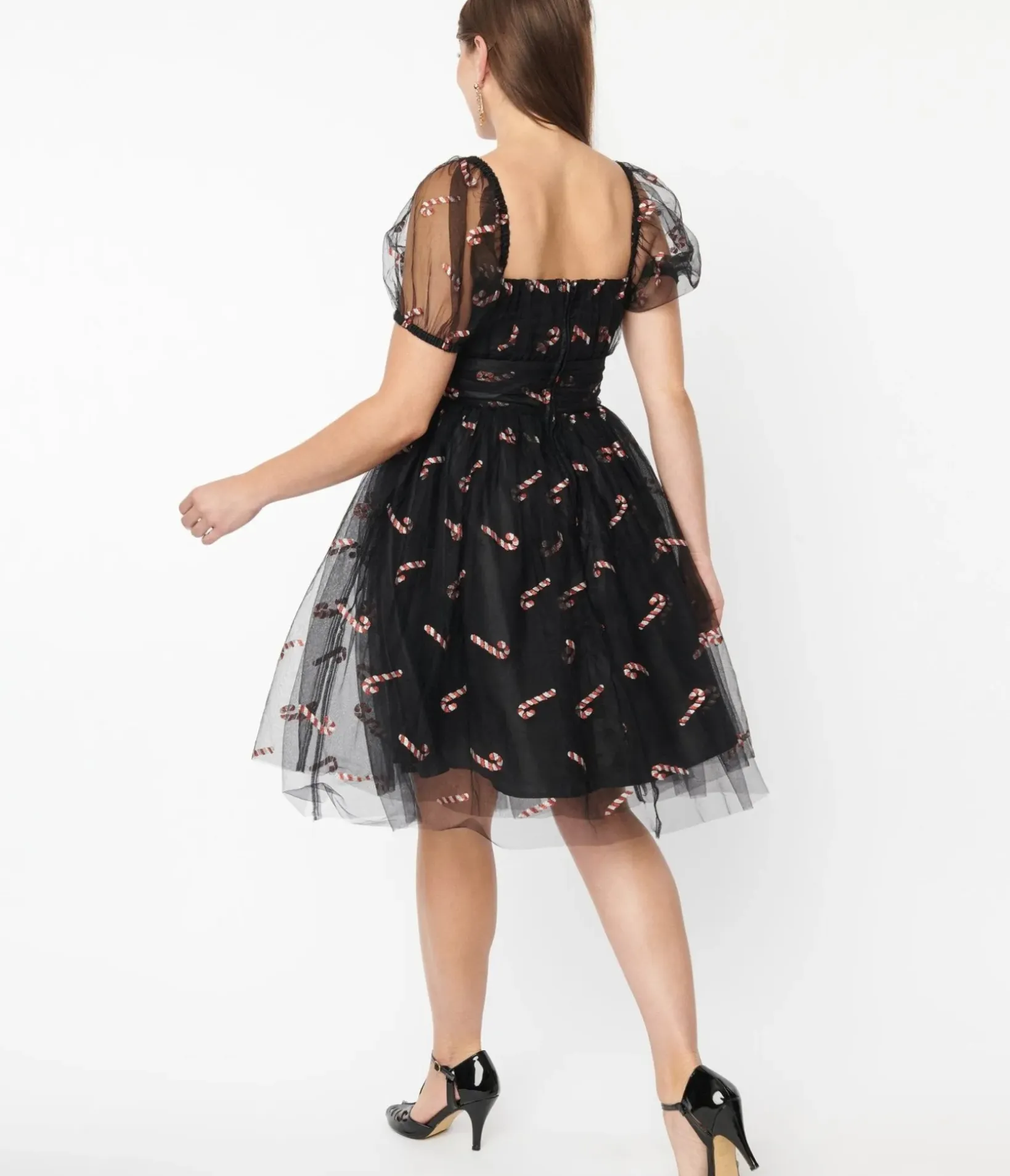 Unique Vintage Everyday Dresses>Black & Glitter Candy Canes Babydoll Dress
