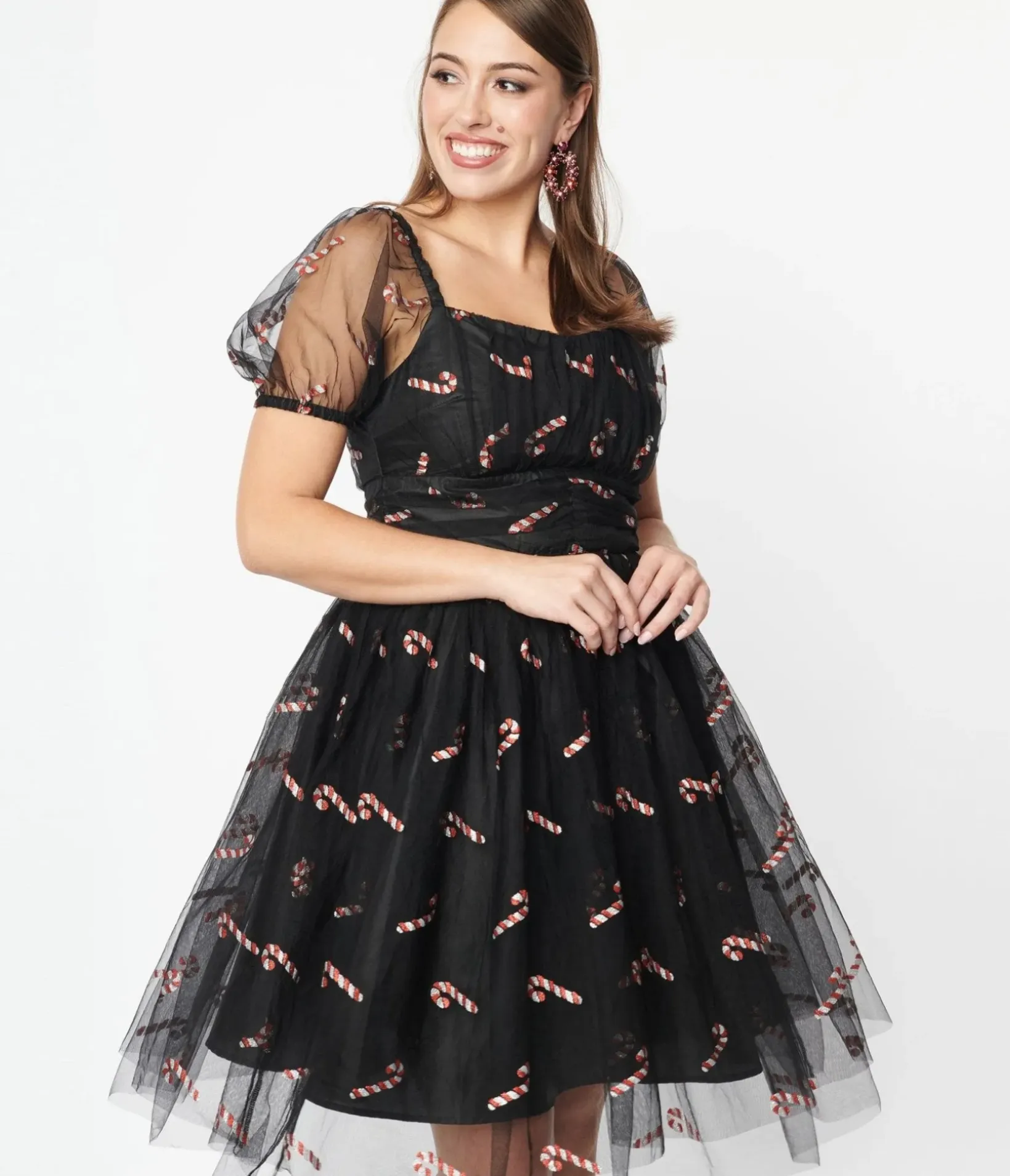 Unique Vintage Everyday Dresses>Black & Glitter Candy Canes Babydoll Dress