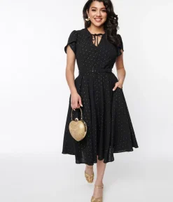 Unique Vintage Swing|Pocket Dresses>Black & Gold Clip Dot Dahlia Swing Dress