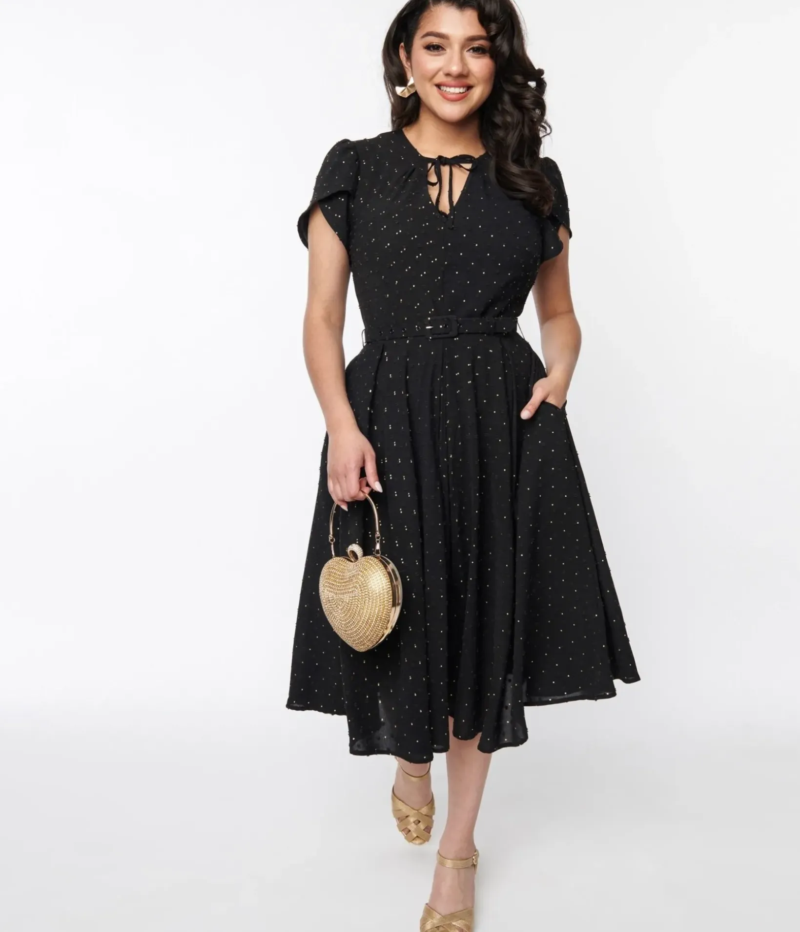 Unique Vintage Swing|Pocket Dresses>Black & Gold Clip Dot Dahlia Swing Dress