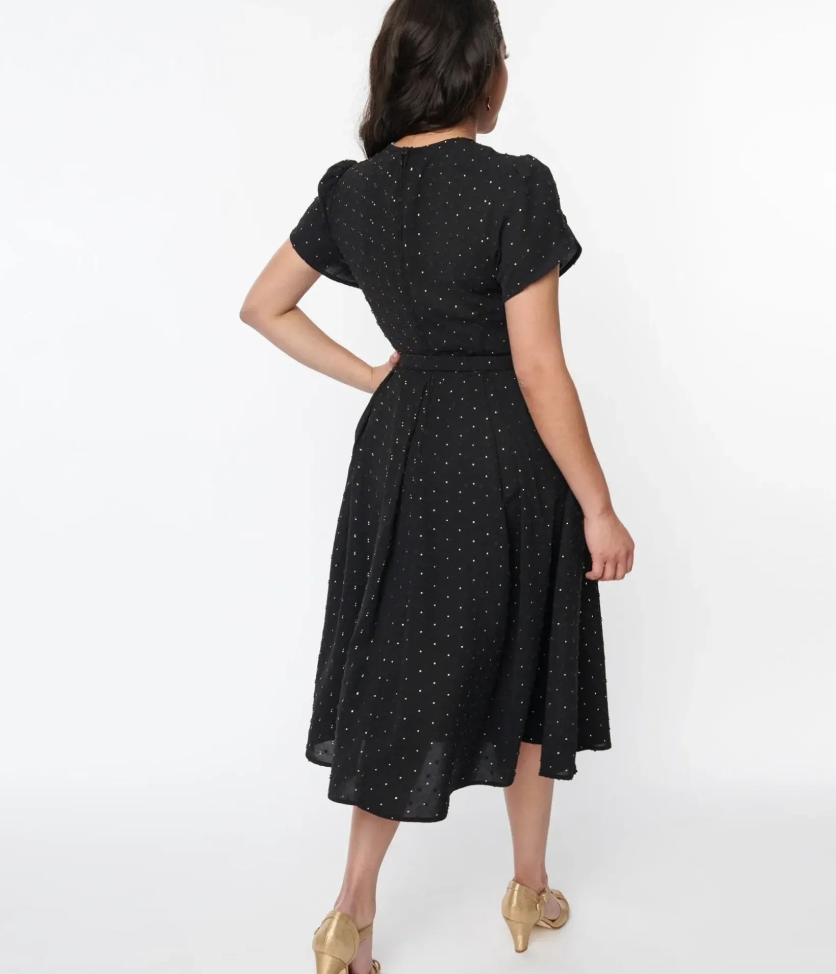 Unique Vintage Swing|Pocket Dresses>Black & Gold Clip Dot Dahlia Swing Dress
