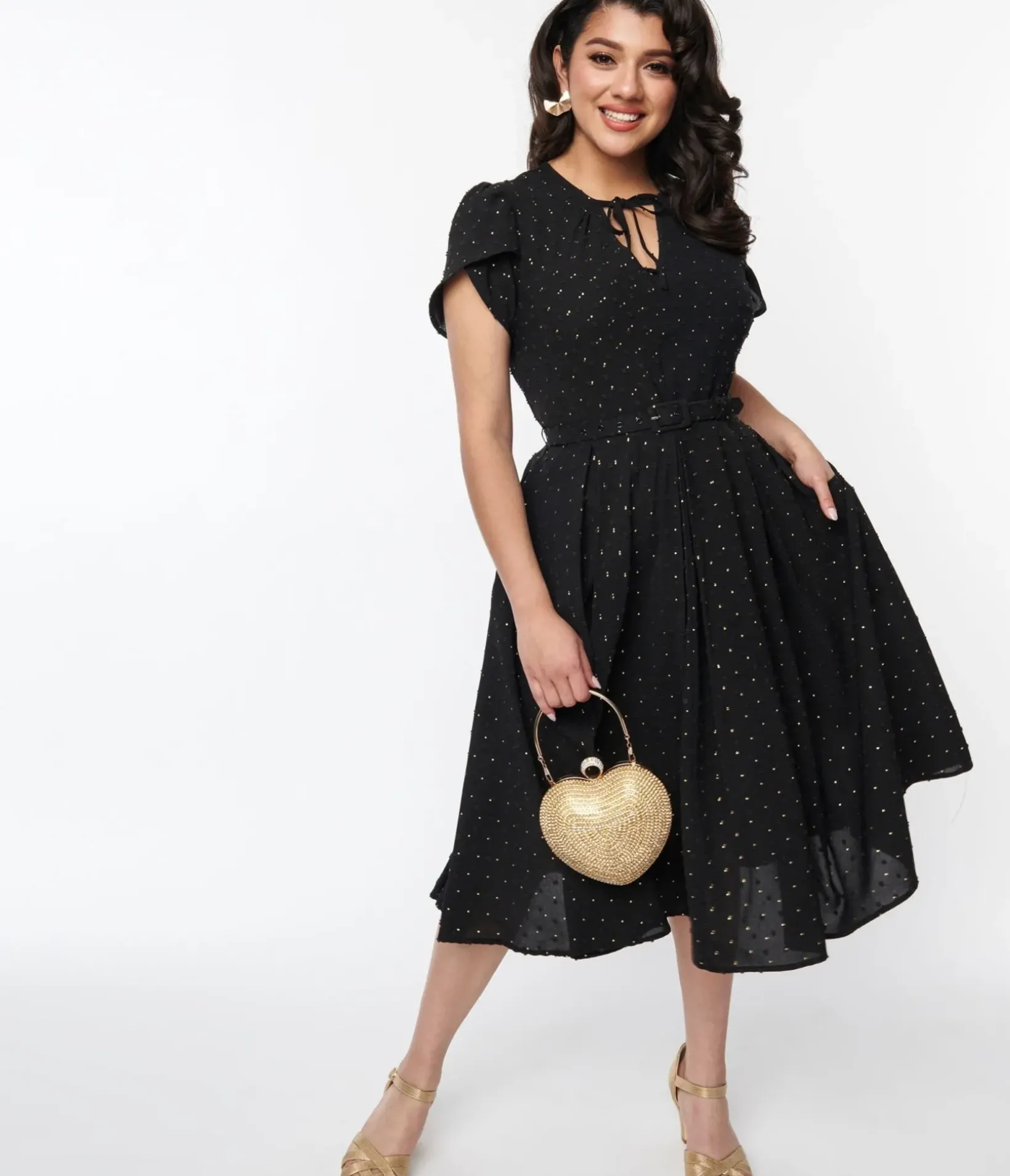 Unique Vintage Swing|Pocket Dresses>Black & Gold Clip Dot Dahlia Swing Dress