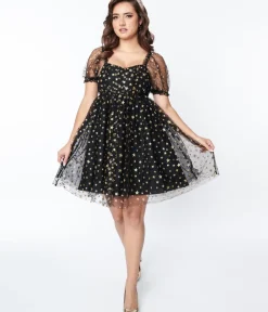 Unique Vintage All Things Black>Black Gold Star Mesh Babydoll Belle Dress