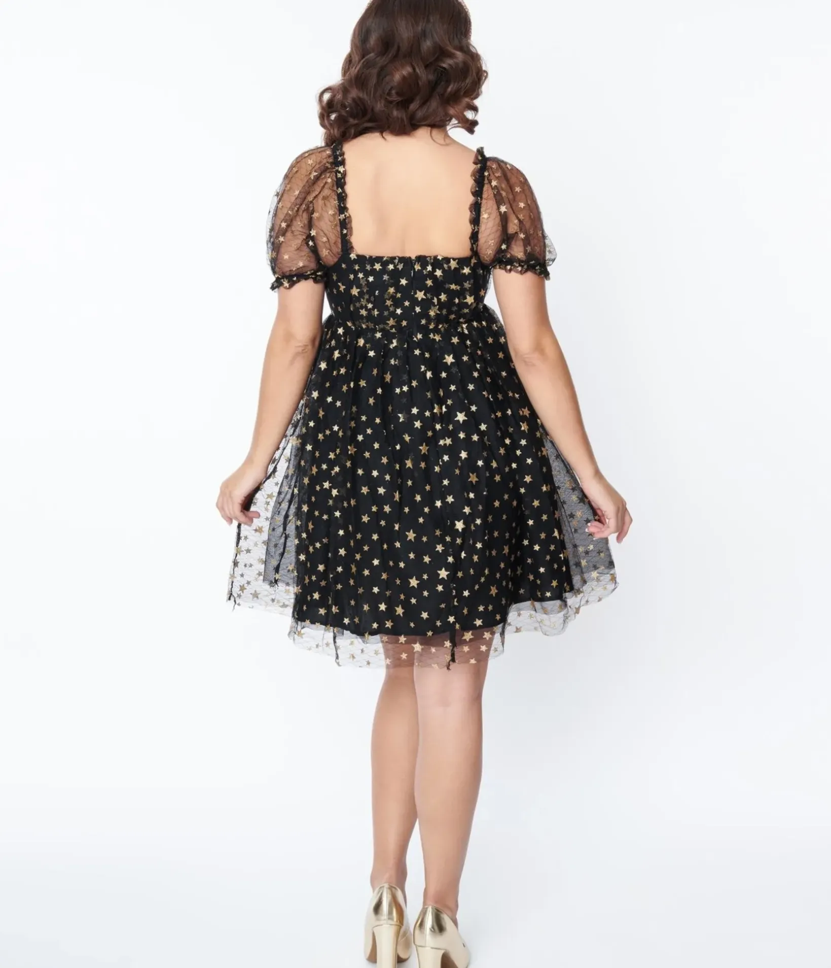 Unique Vintage All Things Black>Black Gold Star Mesh Babydoll Belle Dress