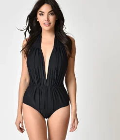 Unique Vintage One Piece Swim>Black Halter Shirred Derek One Piece Swimsuit