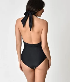 Unique Vintage One Piece Swim>Black Halter Shirred Derek One Piece Swimsuit