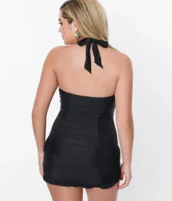 Unique Vintage One Piece Swim|Honeymoon Outfits>Black Halter Swim Dress