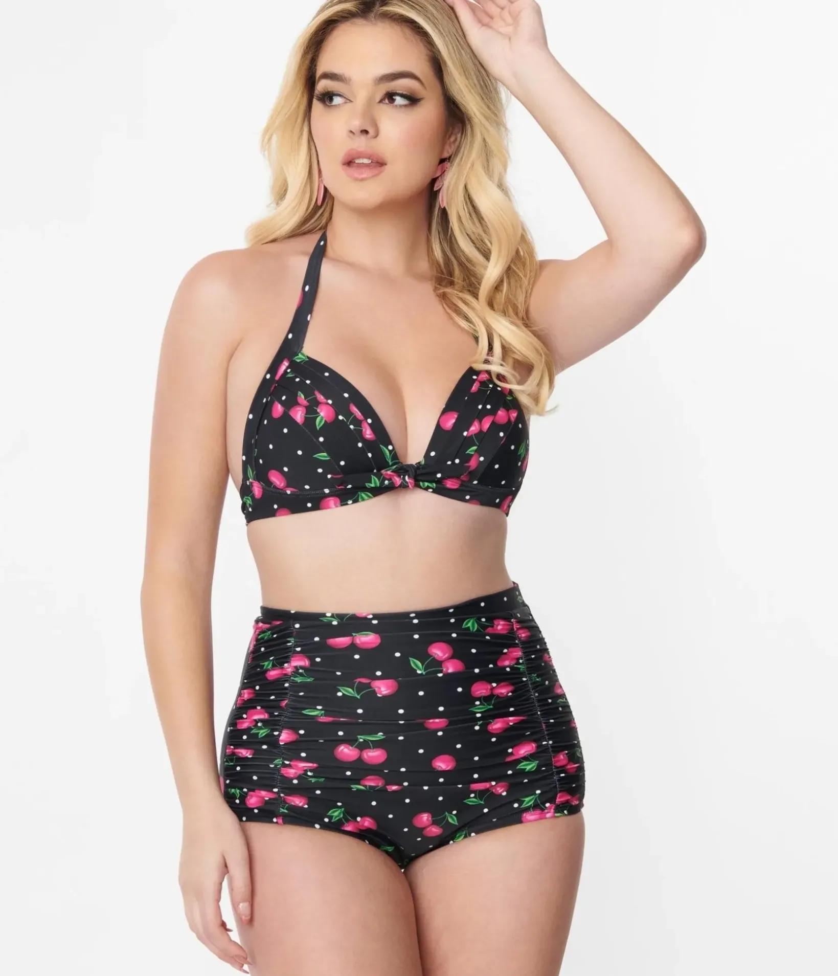 Unique Vintage Swim Tops|All Things Pink>Black & Hot Pink Cherry Pin Dot Monroe Swim Top