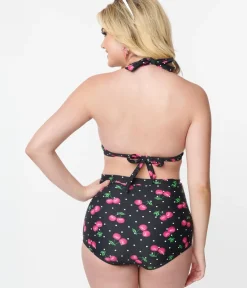 Unique Vintage Swim Tops|All Things Pink>Black & Hot Pink Cherry Pin Dot Monroe Swim Top
