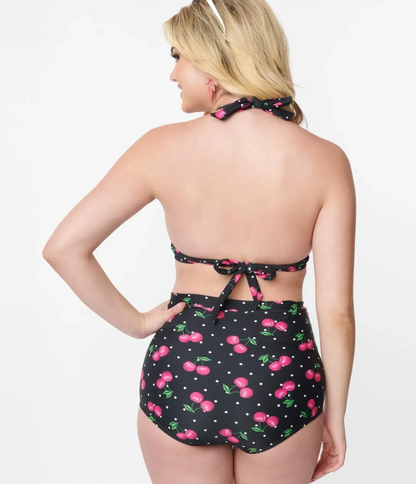Unique Vintage Swim Tops|All Things Pink>Black & Hot Pink Cherry Pin Dot Monroe Swim Top
