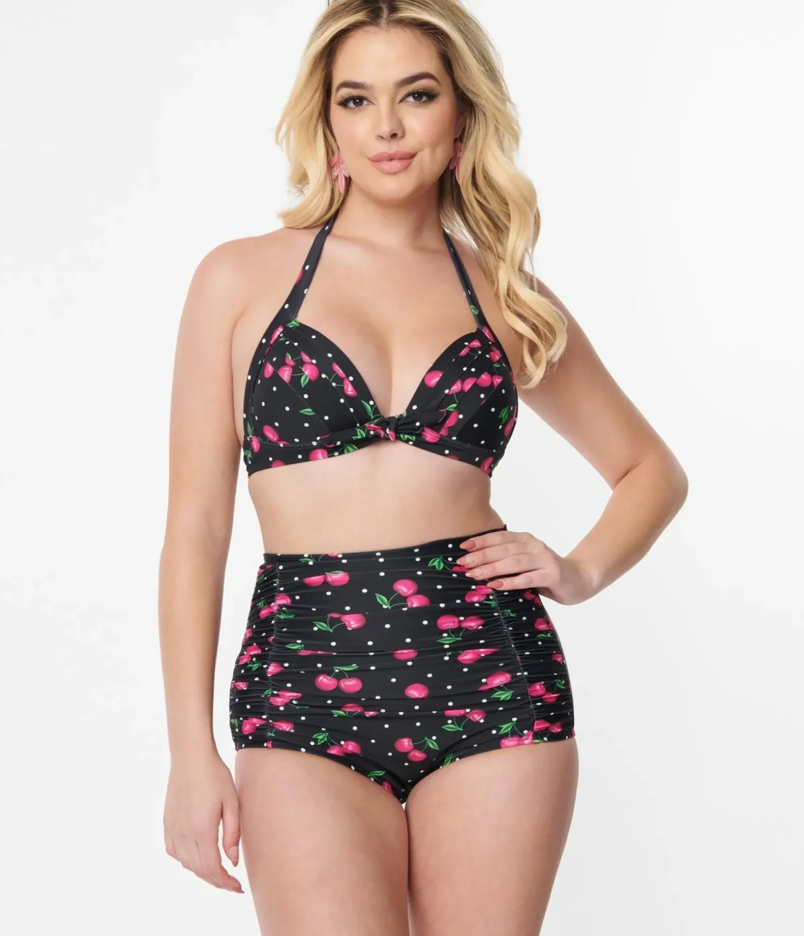 Unique Vintage Swim Tops|All Things Pink>Black & Hot Pink Cherry Pin Dot Monroe Swim Top