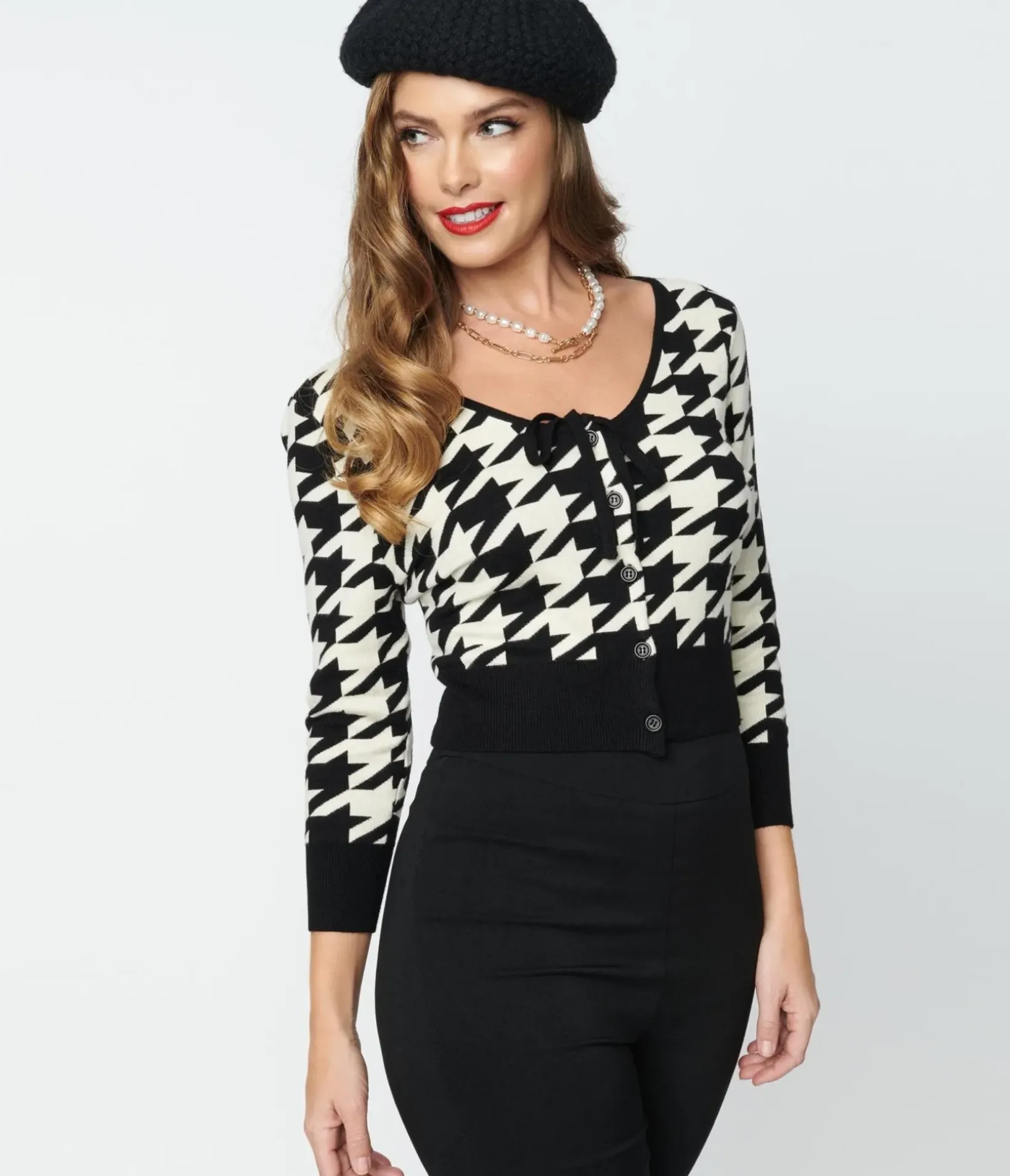 Unique Vintage Sweaters & Cardigans|Sweaters & Cardigans>Black & Ivory Houndstooth Dandy Cardigan