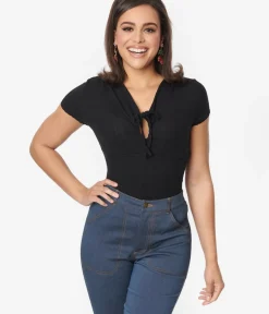 Unique Vintage All Things Black>Black Keyhole Pointelle Knit Top