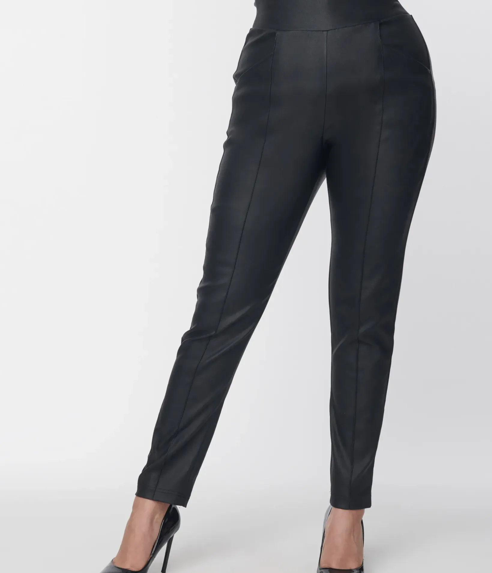Unique Vintage Pants|Pants>Black Leatherette High Waist Pintuck Pants