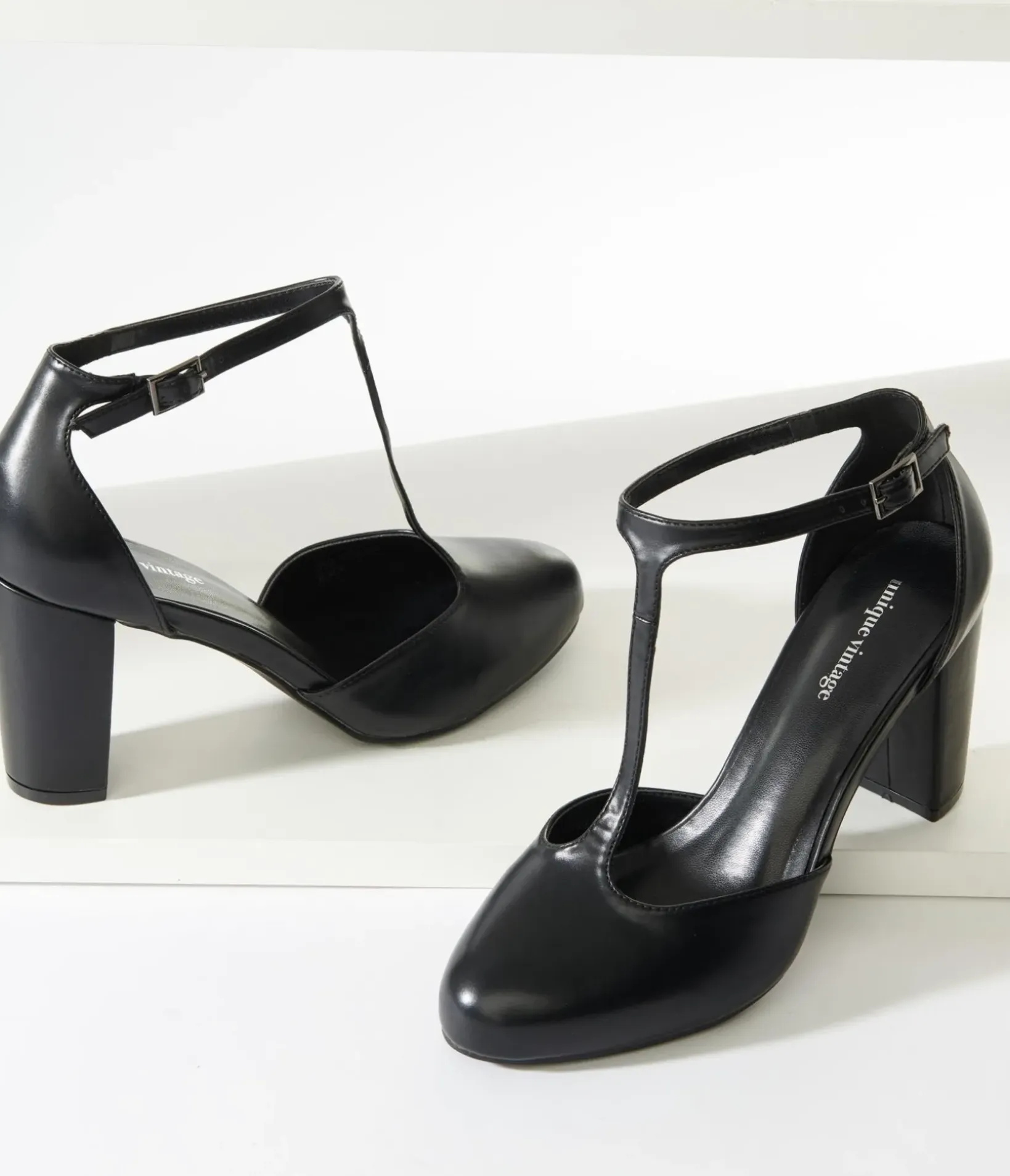 Unique Vintage Special Occasion|Heels>Black Leatherette T-Strap Astaire Pumps