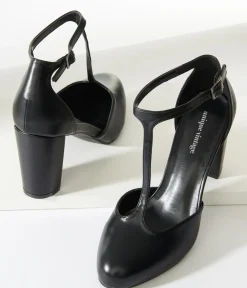 Unique Vintage Special Occasion|Heels>Black Leatherette T-Strap Astaire Pumps