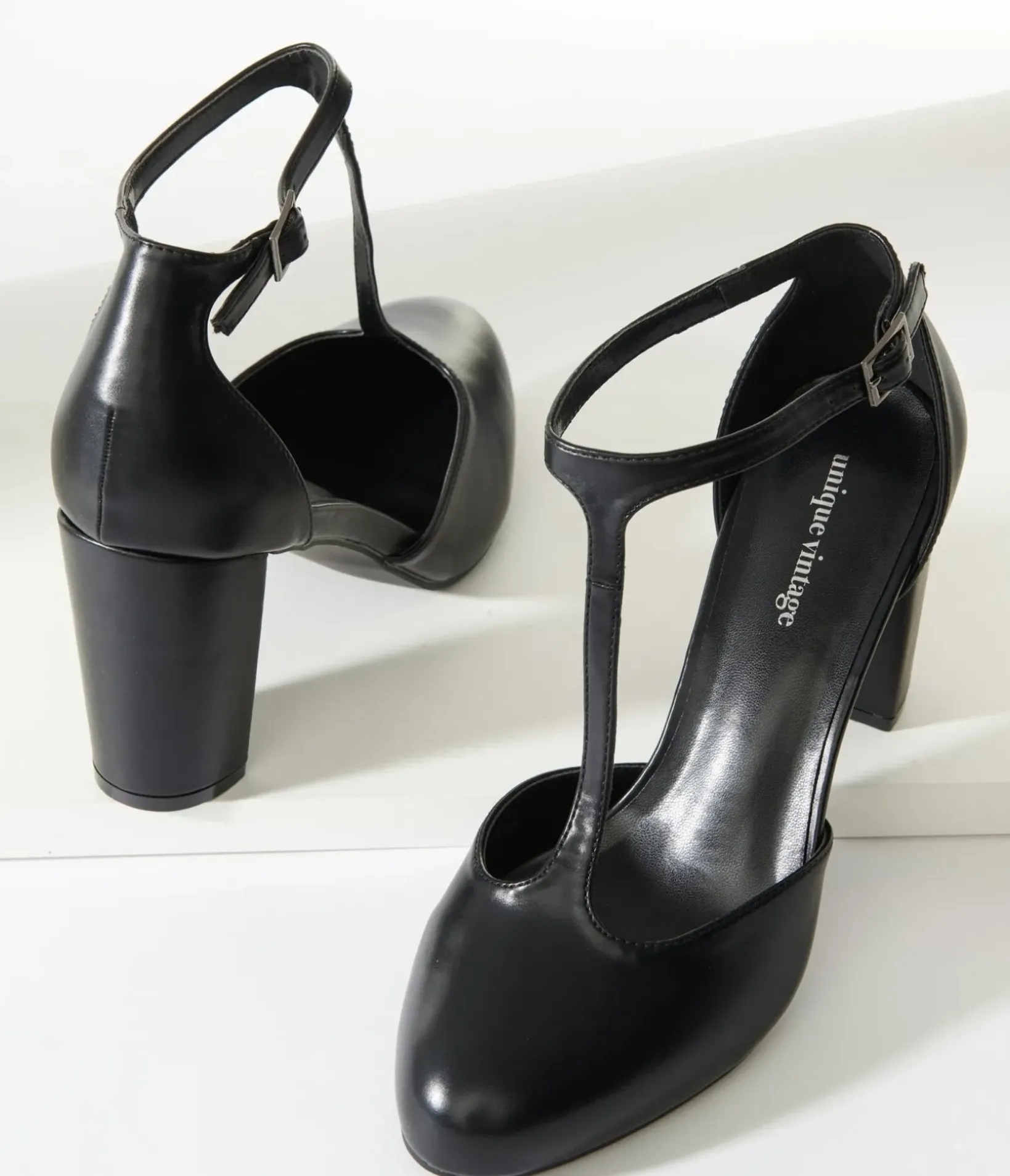 Unique Vintage Special Occasion|Heels>Black Leatherette T-Strap Astaire Pumps