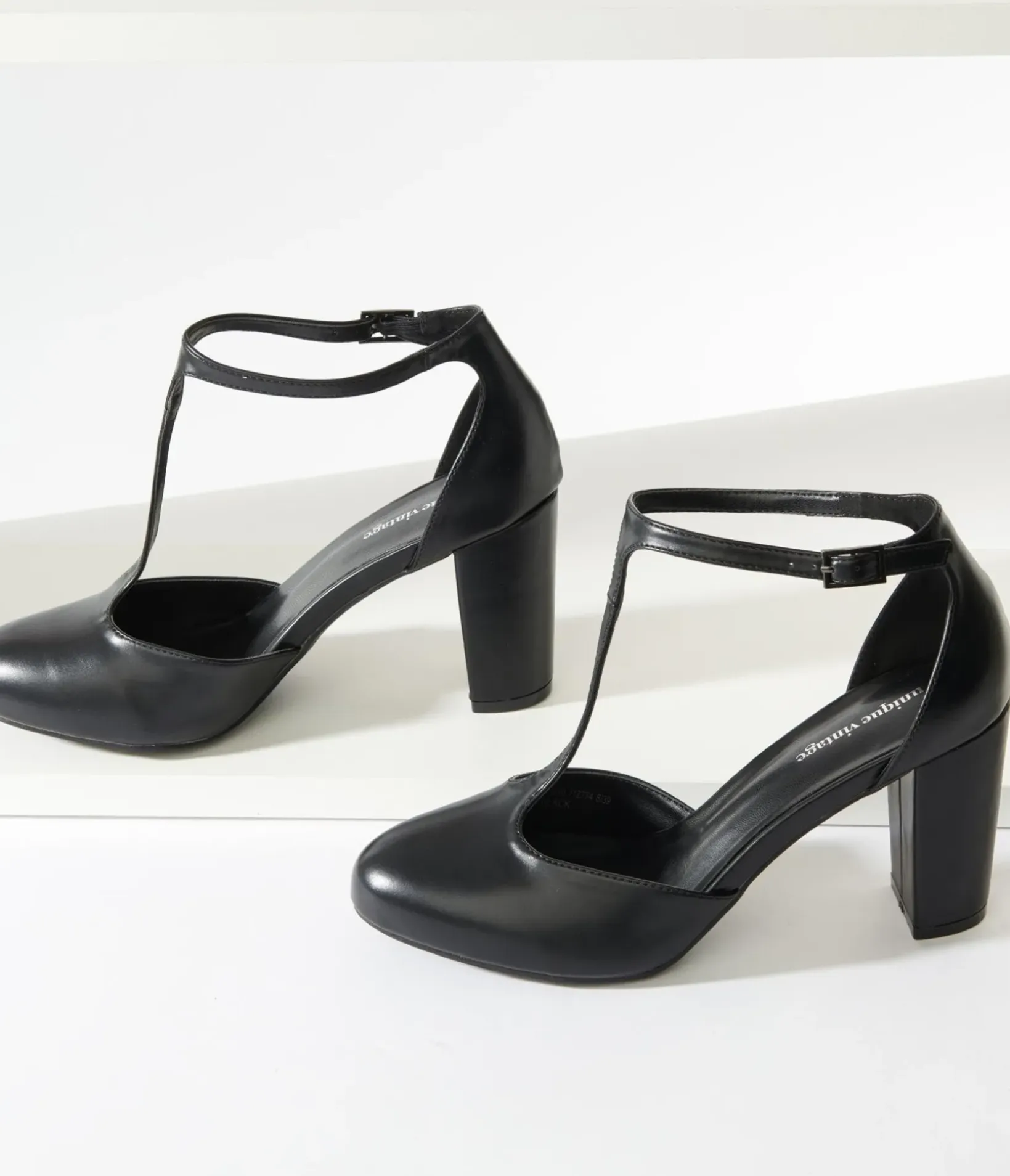Unique Vintage Special Occasion|Heels>Black Leatherette T-Strap Astaire Pumps