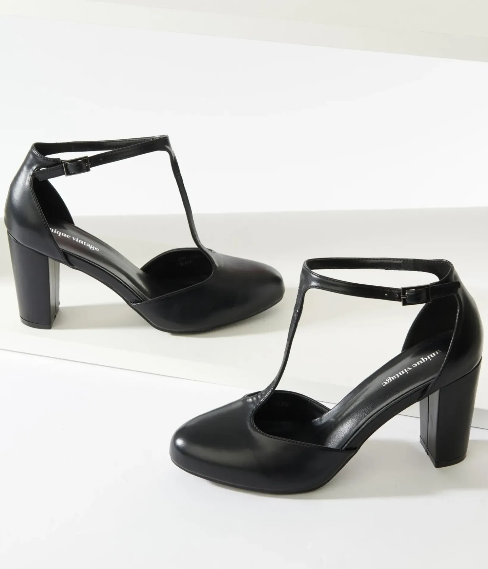 Unique Vintage Special Occasion|Heels>Black Leatherette T-Strap Astaire Pumps