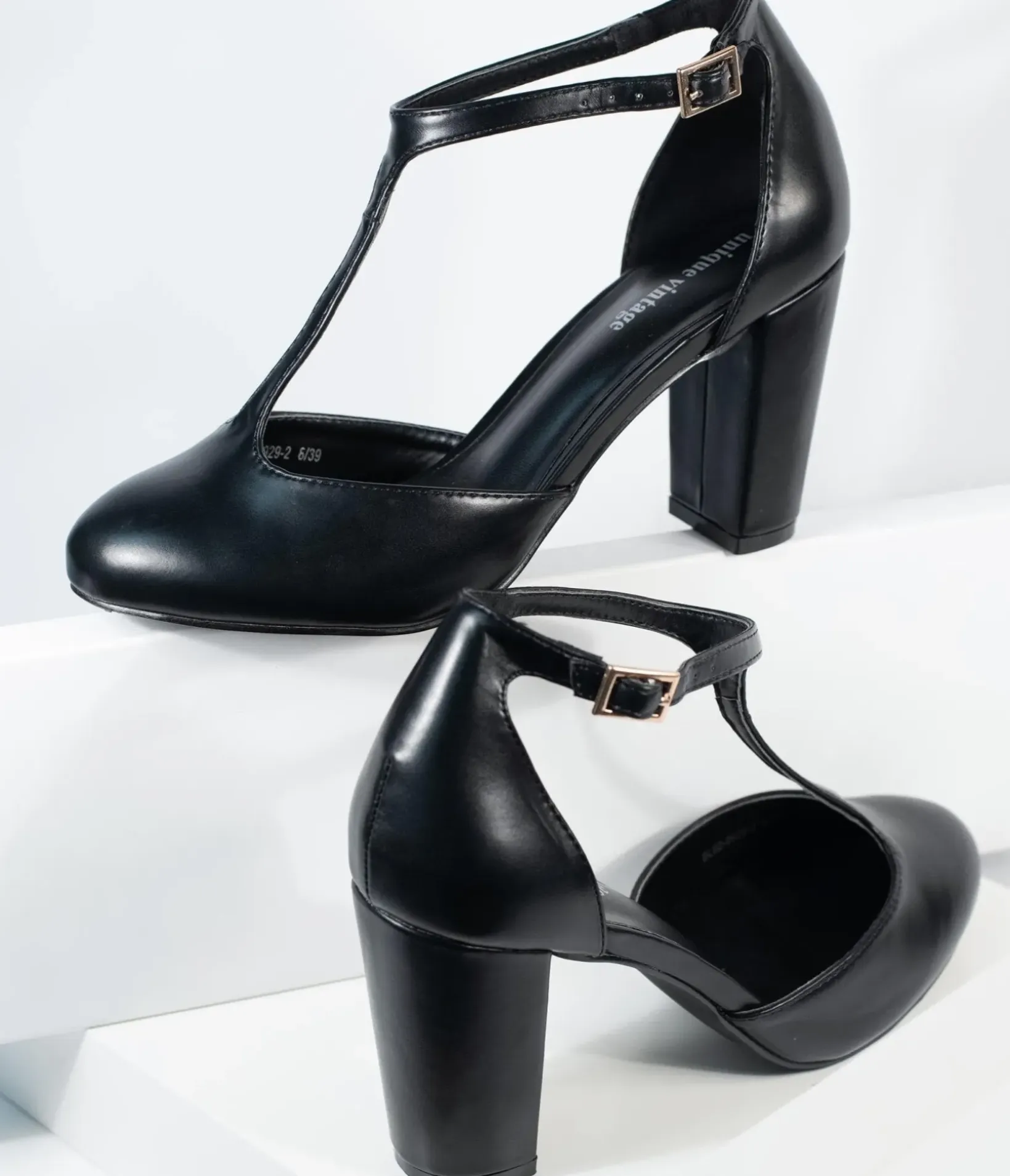 Unique Vintage Special Occasion|Heels>Black Leatherette T-Strap Astaire Pumps