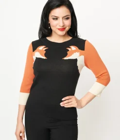 Unique Vintage Sweaters & Cardigans>Black & Orange Fox Sleeve Minou Sweater