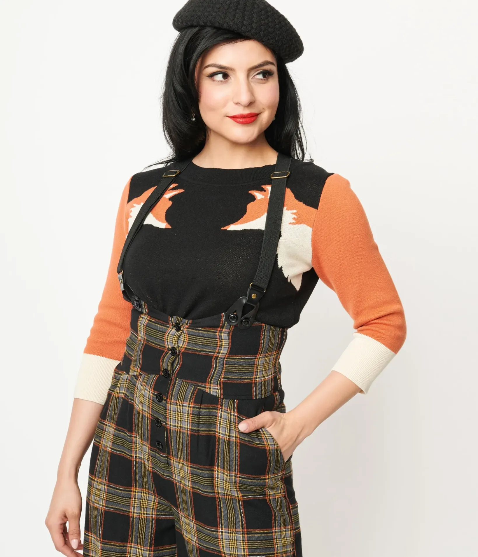 Unique Vintage Sweaters & Cardigans>Black & Orange Fox Sleeve Minou Sweater