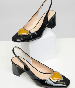 Unique Vintage All Things Black|Halloween>Black & Orange Heart Leatherette Slingback Heels