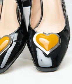 Unique Vintage All Things Black|Halloween>Black & Orange Heart Leatherette Slingback Heels