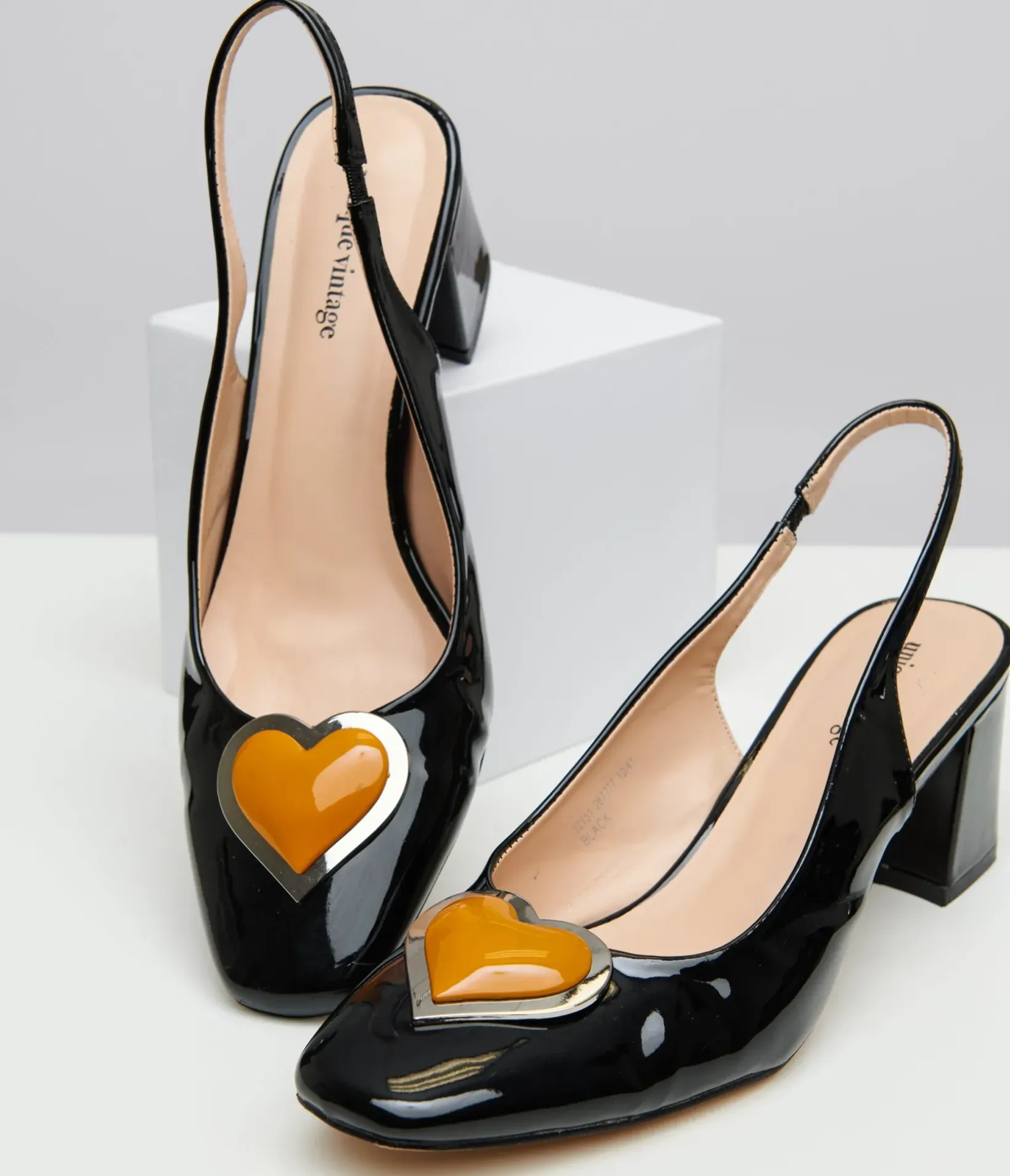 Unique Vintage All Things Black|Halloween>Black & Orange Heart Leatherette Slingback Heels