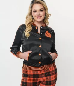 Unique Vintage Coats & Jackets|All Things Black>Black & Orange Scream Queen Satin Bomber Jacket