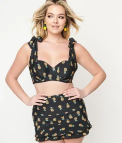 Unique Vintage Swim Tops|Two Piece Swim>Black & Pineapple Print Totally Tied Up Swim Top