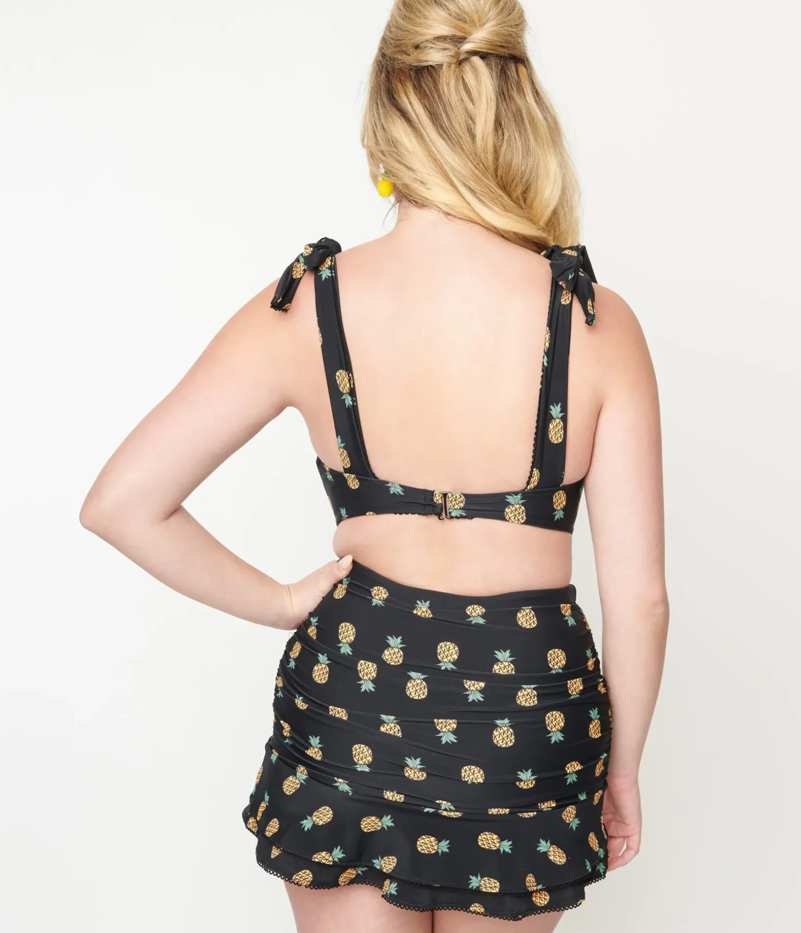 Unique Vintage Swim Tops|Two Piece Swim>Black & Pineapple Print Totally Tied Up Swim Top