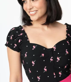 Unique Vintage All Things Pink>Black & Pink Flamingo Sweetheart Loretta Top