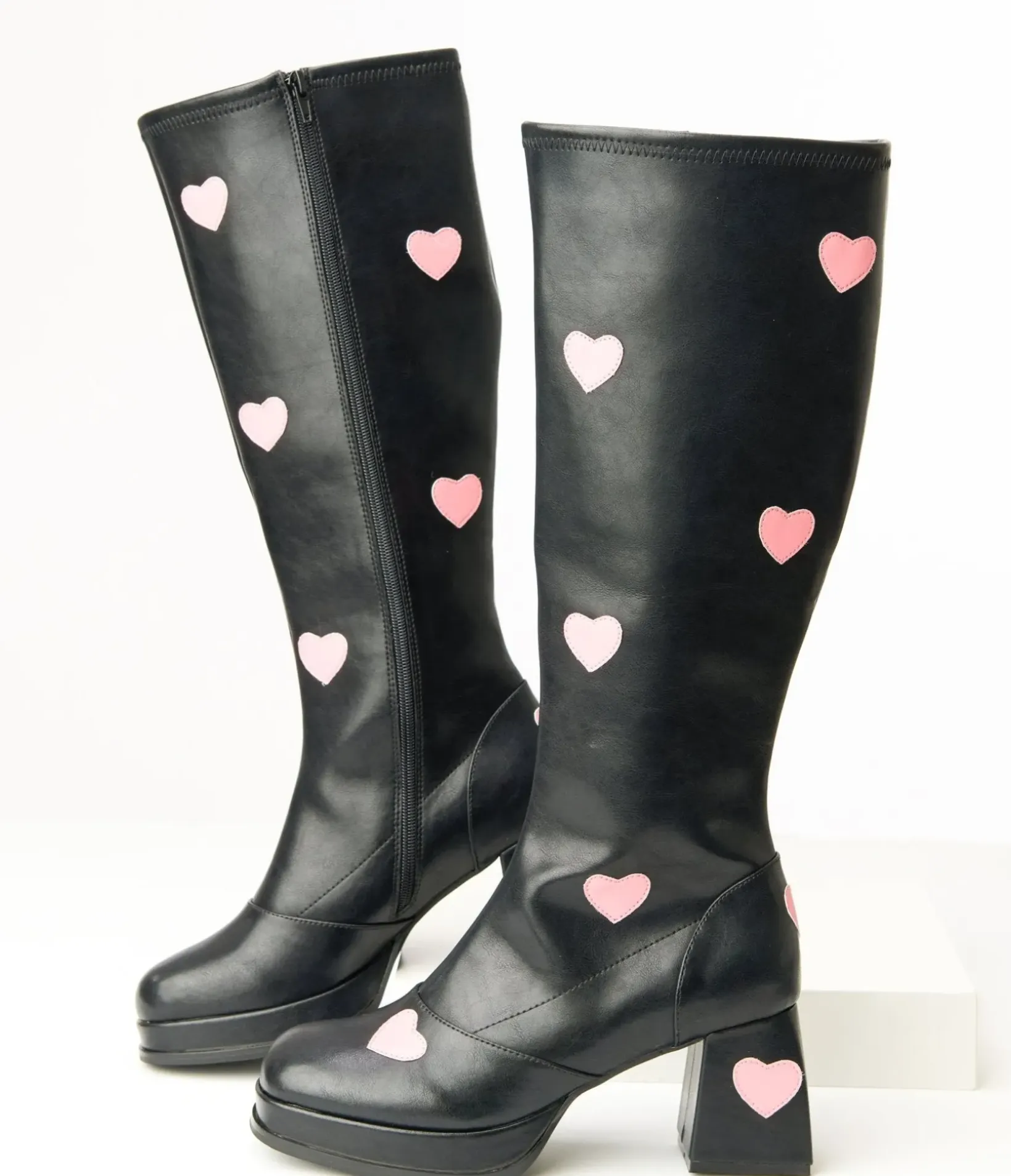 Unique Vintage Boots|All Things Pink>Black & Pink Hearts Leatherette Knee High Boots