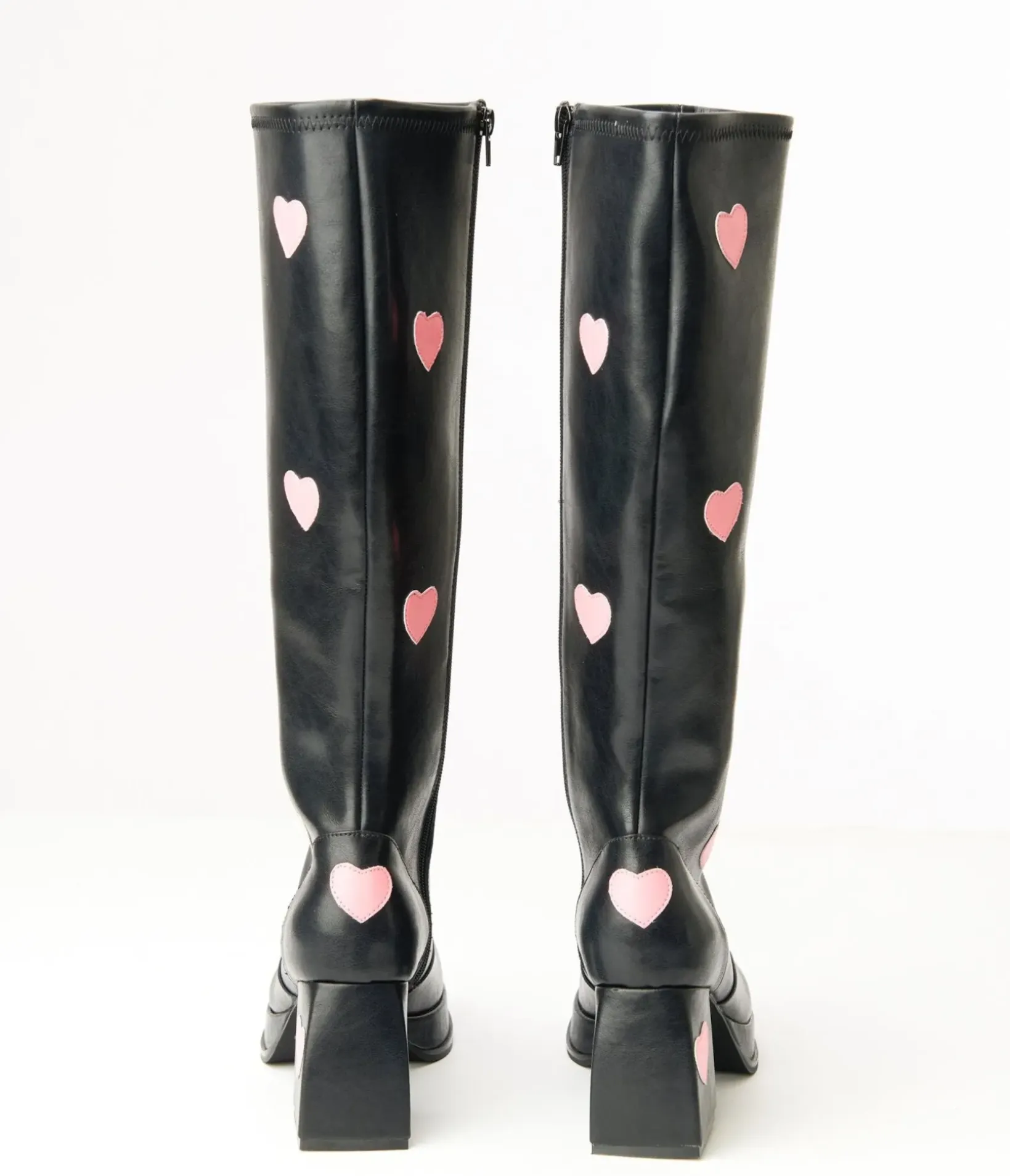 Unique Vintage Boots|All Things Pink>Black & Pink Hearts Leatherette Knee High Boots