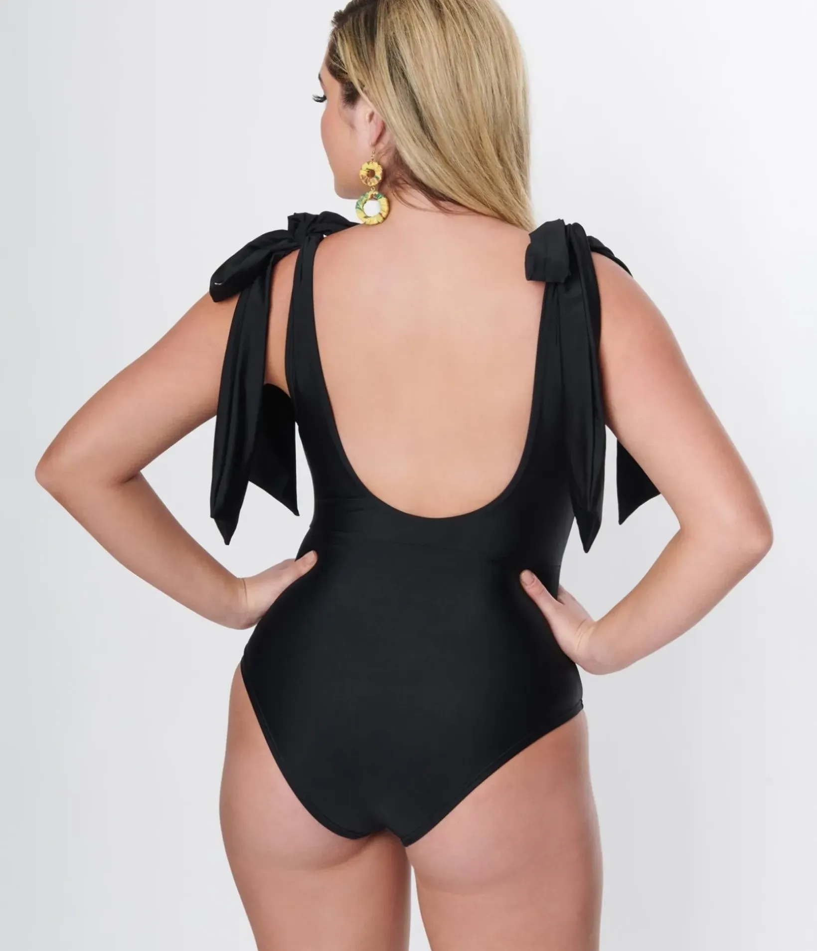 Unique Vintage One Piece Swim>Black Plunge One Piece Swimsuit