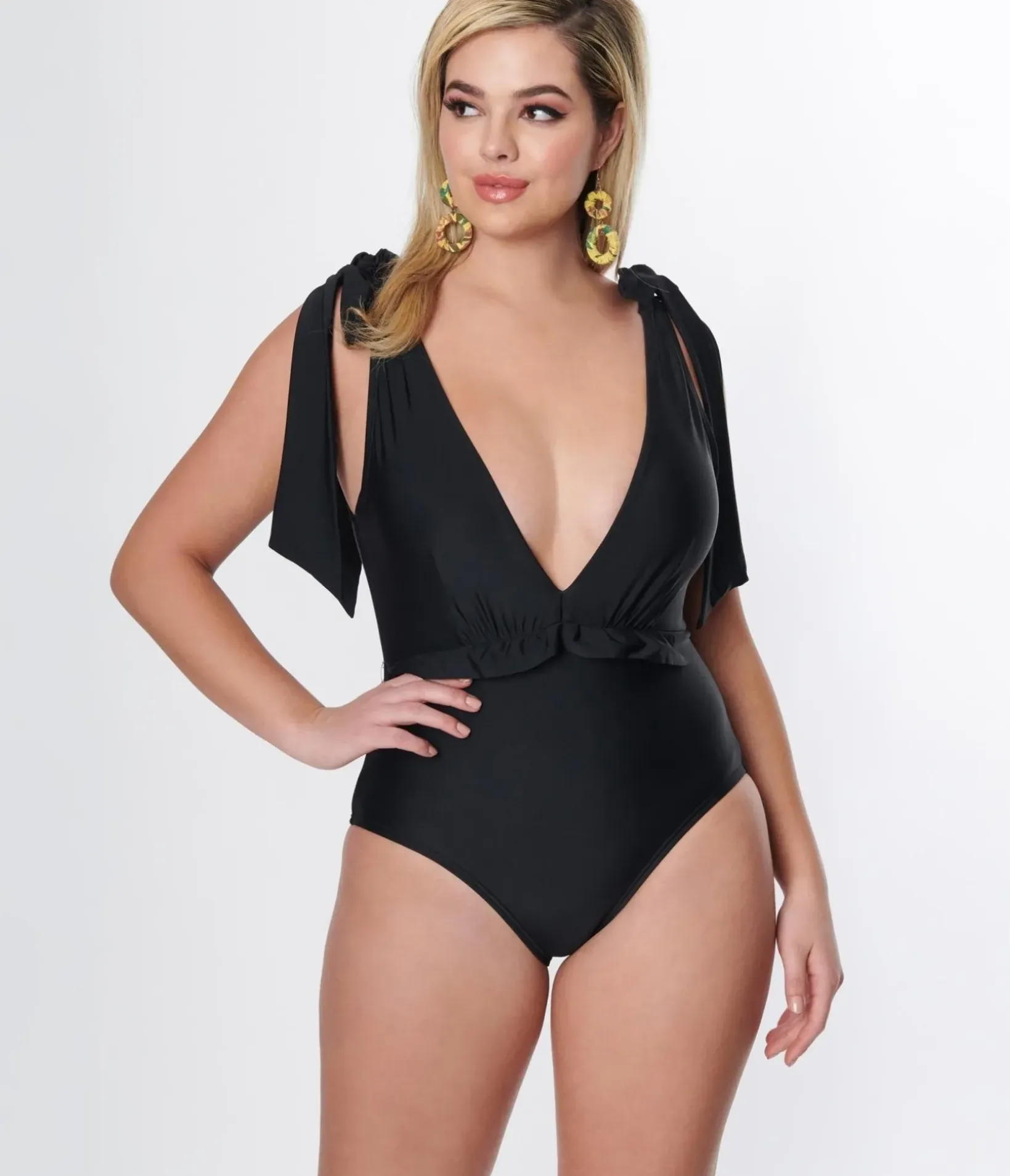 Unique Vintage One Piece Swim>Black Plunge One Piece Swimsuit