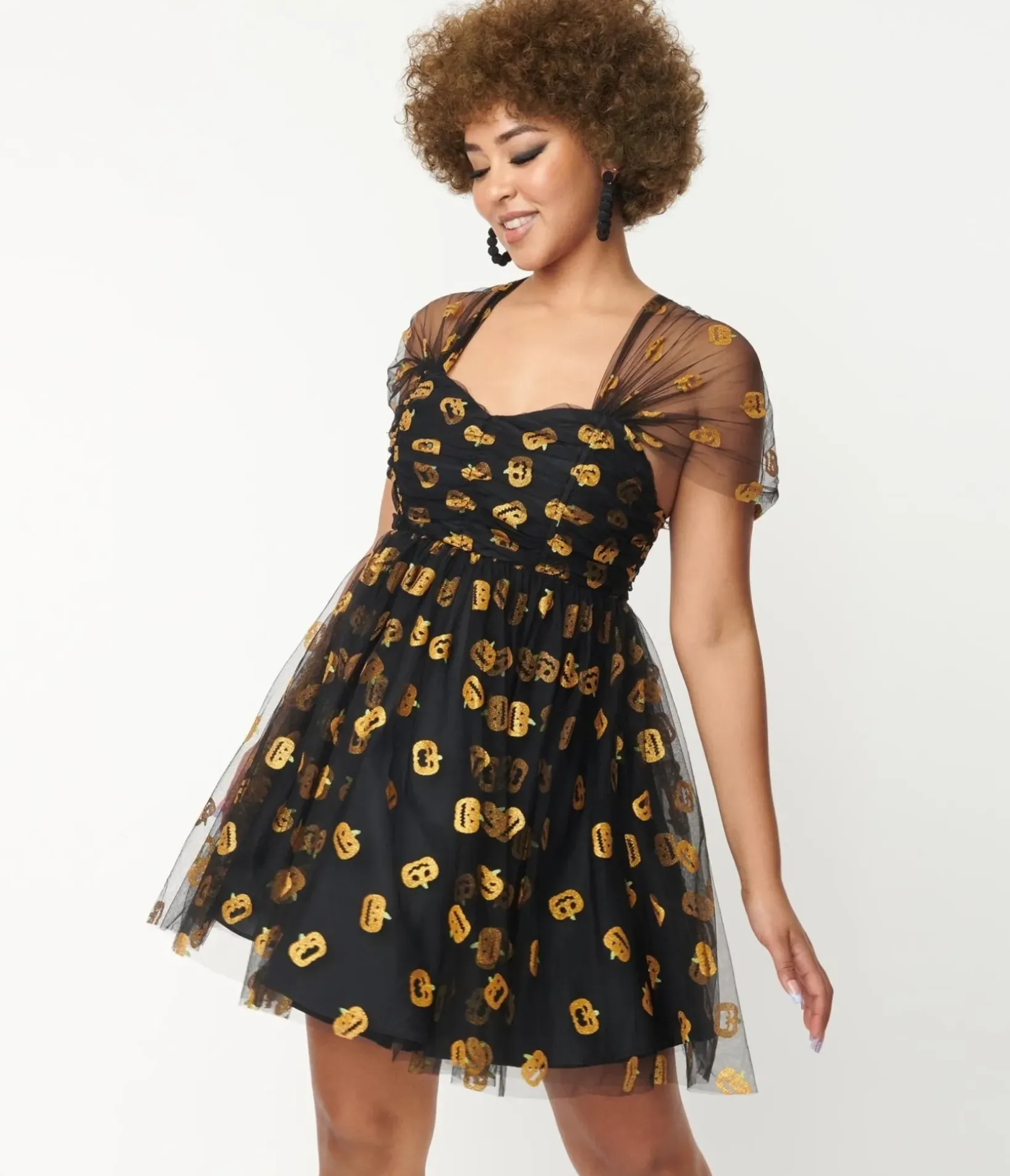 Unique Vintage Babydoll|Babydoll>Black & Pumpkin Print Babydoll Dress