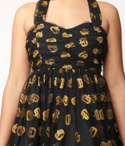 Unique Vintage Babydoll|Babydoll>Black & Pumpkin Print Babydoll Dress