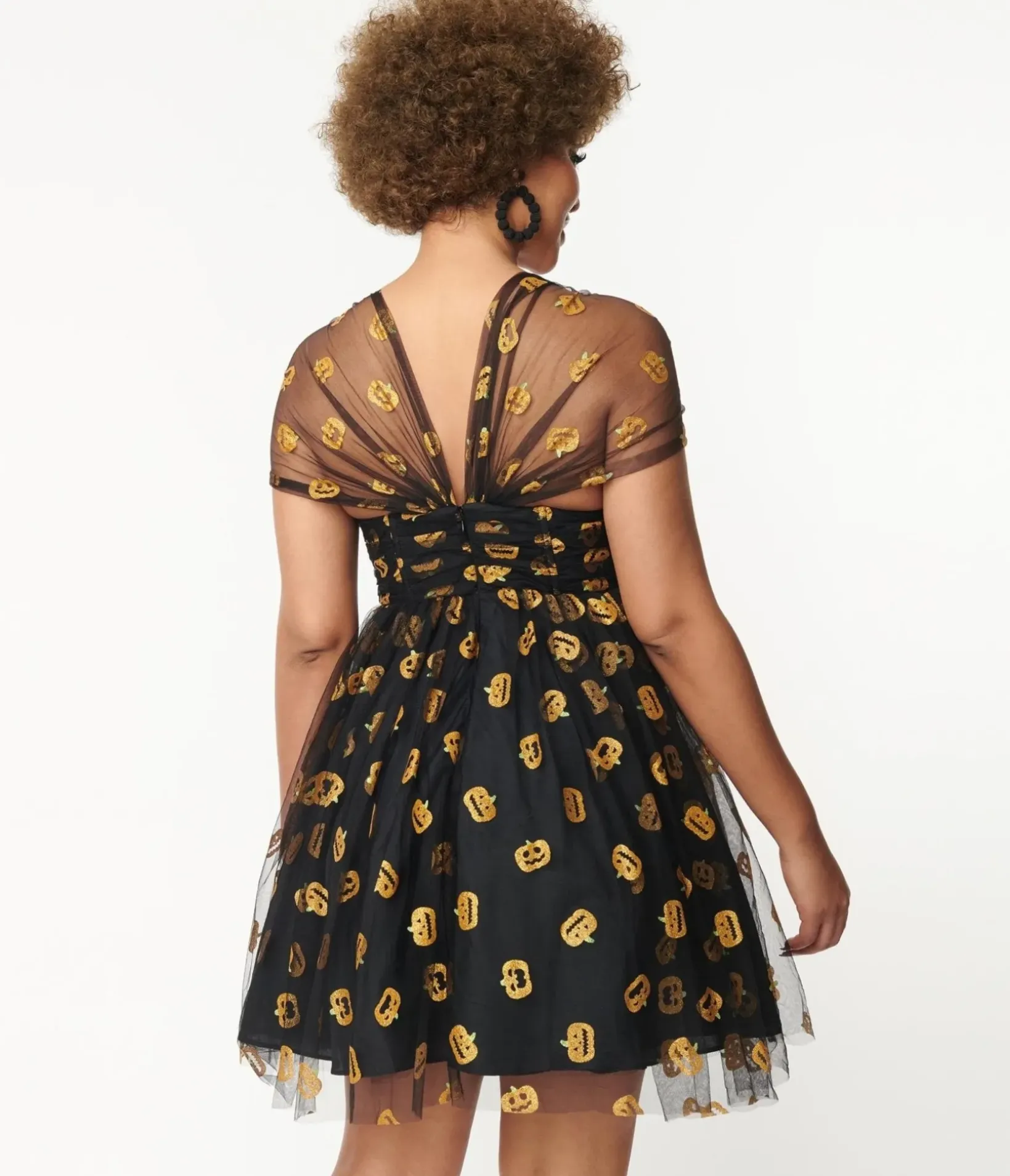 Unique Vintage Babydoll|Babydoll>Black & Pumpkin Print Babydoll Dress