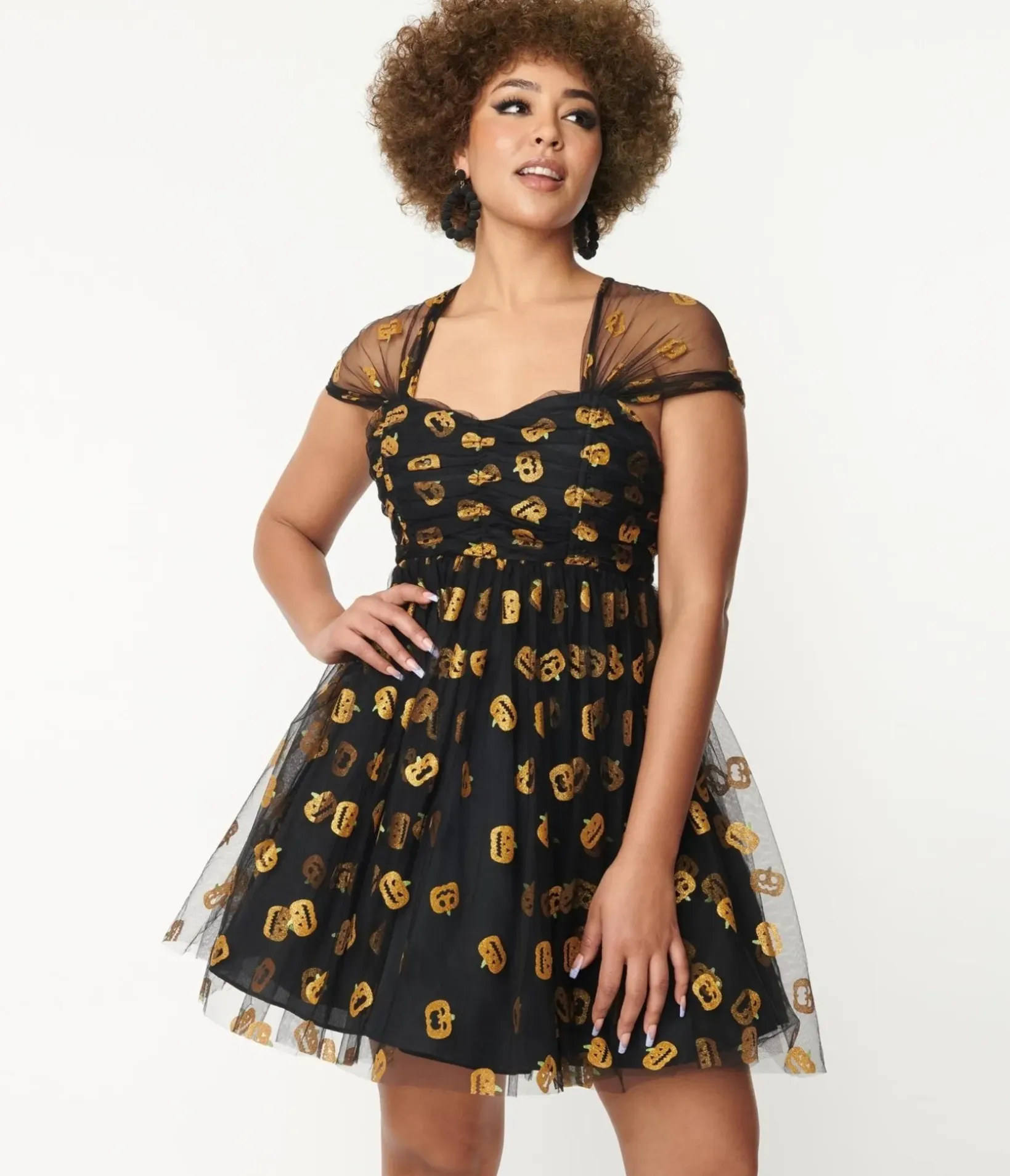 Unique Vintage Babydoll|Babydoll>Black & Pumpkin Print Babydoll Dress