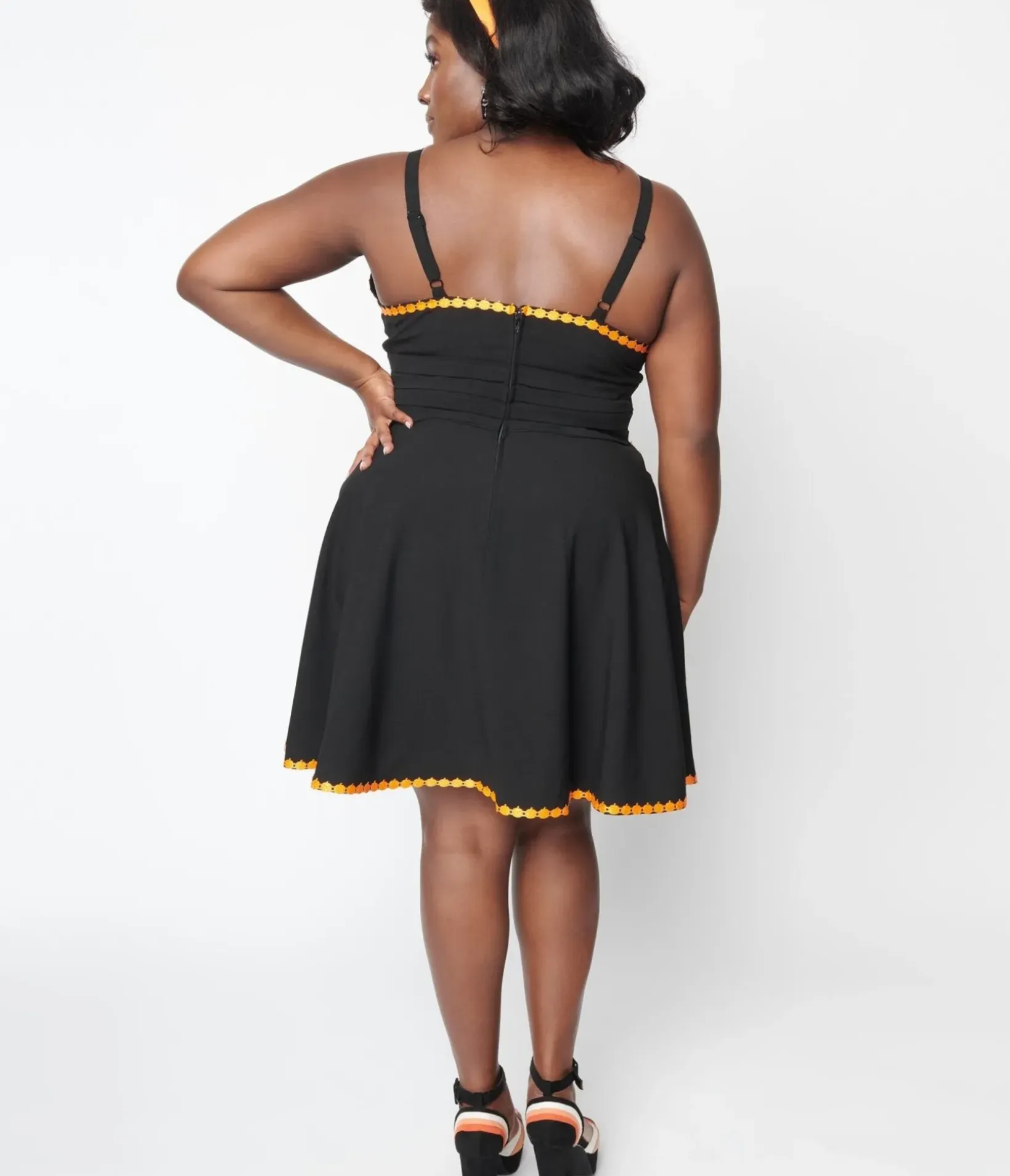 Unique Vintage Fit & Flare|Pocket Dresses>Black & Pumpkin Trim Follow Your Heart Fit & Flare Dress
