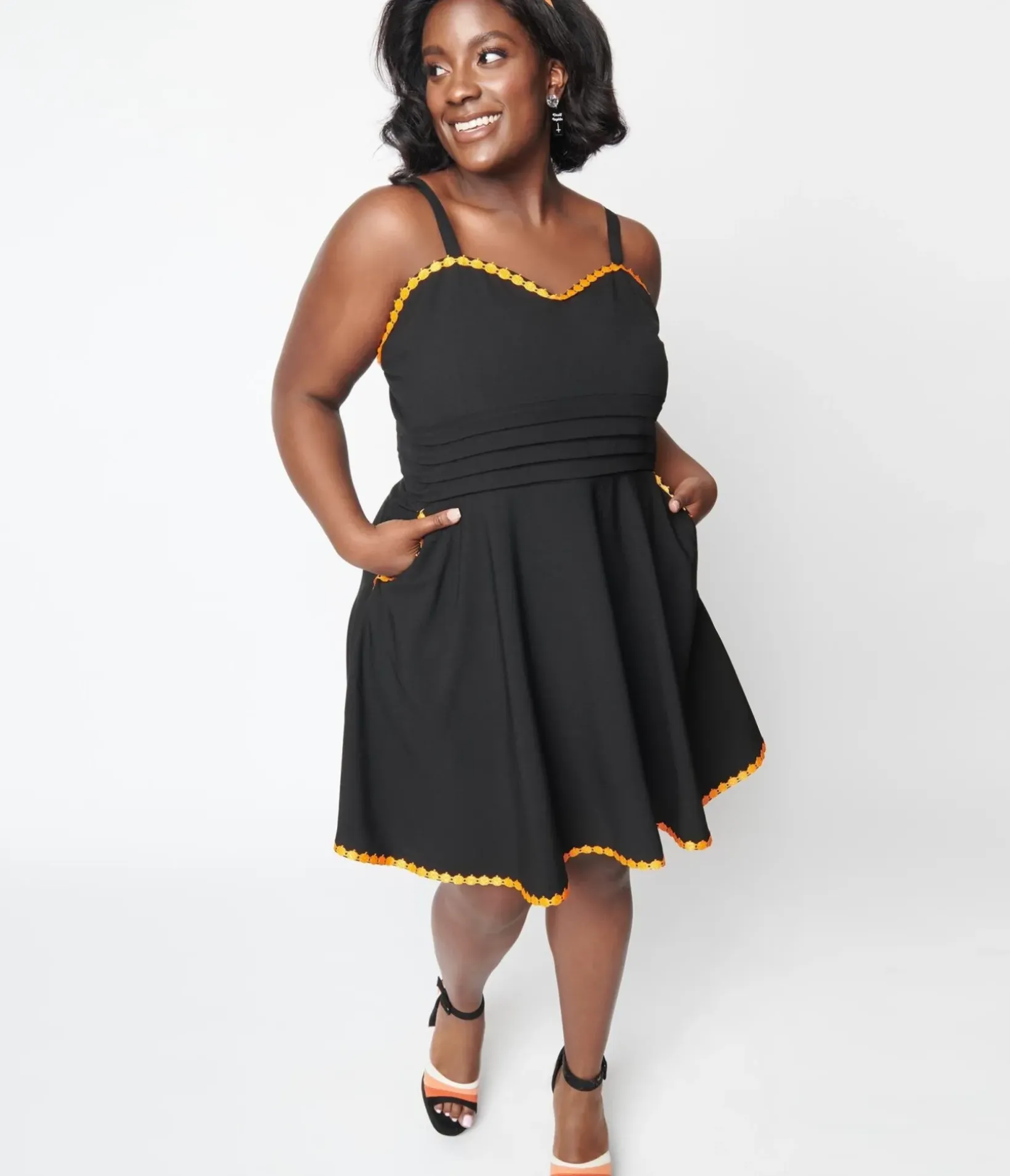 Unique Vintage Fit & Flare|Pocket Dresses>Black & Pumpkin Trim Follow Your Heart Fit & Flare Dress