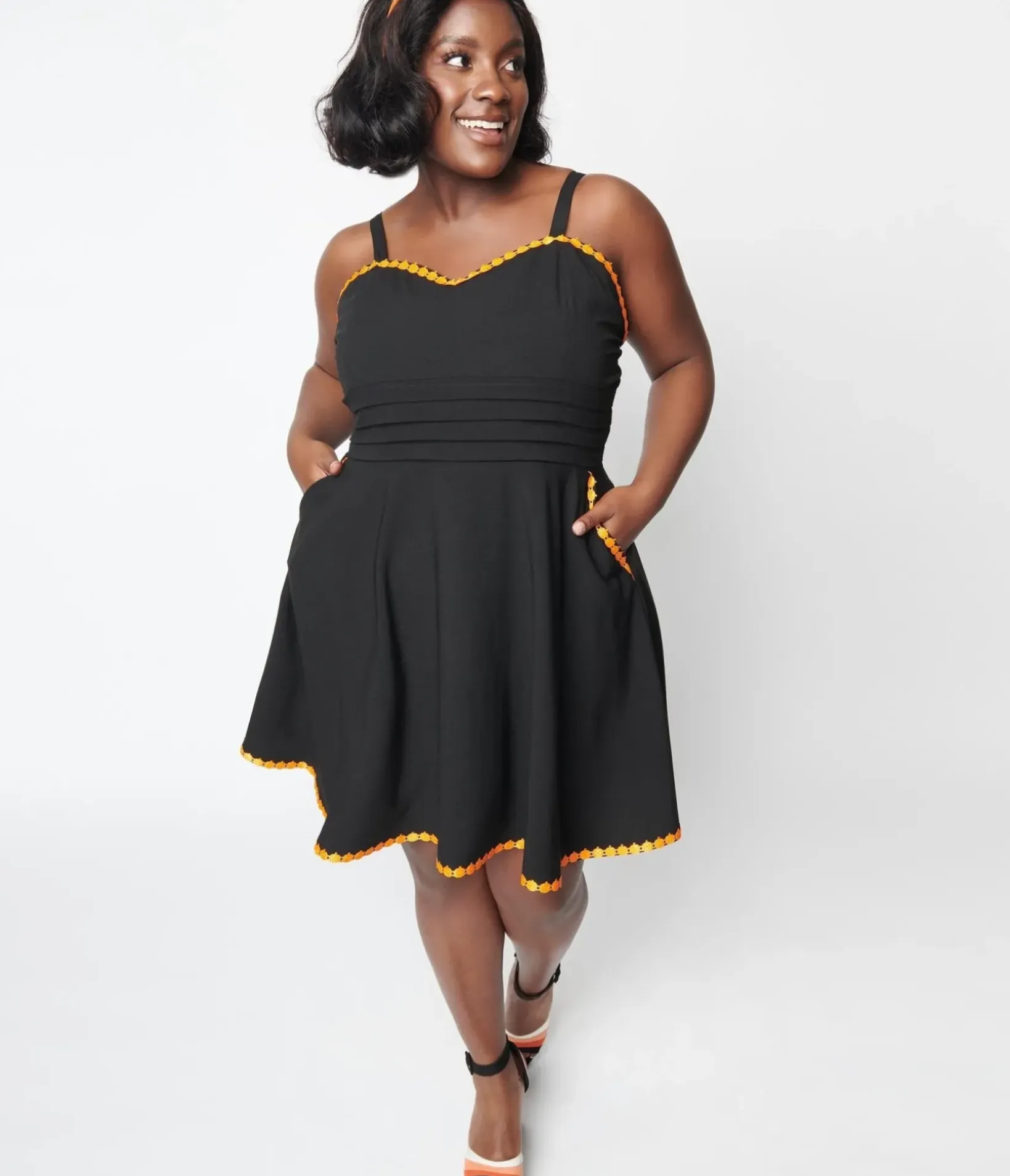 Unique Vintage Fit & Flare|Pocket Dresses>Black & Pumpkin Trim Follow Your Heart Fit & Flare Dress