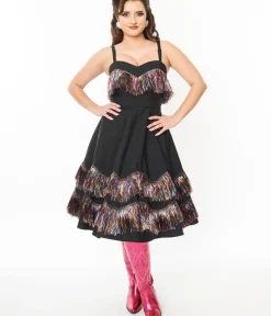 Unique Vintage Swing|Everyday Dresses>Black & Rainbow Fringe Girlie Swing Dress